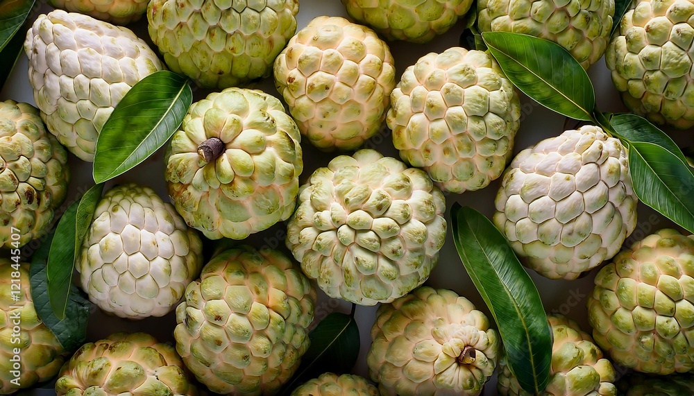 Fototapeta premium Flat Lay Top View of Bright Ripe Fragrant White Custard apple Fruit as Background