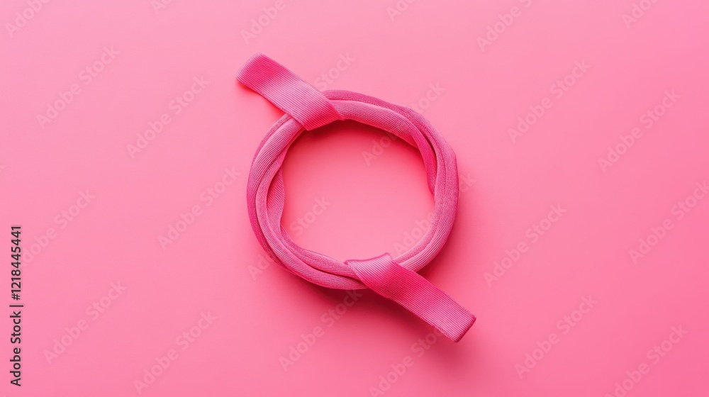 Pink ribbon tied in a circular loop resting on a vibrant pink background Pink ribbon tied in a circular loop resting on a vibrant pink background