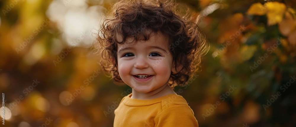 Smiling child outdoors in autumn foliage, showcasing playful innocence and joy. Natural light highlights hair and bright yellow attire, capturing carefree moments. Smiling child outdoors in autumn foliage, showcasing playful innocence and joy. Natural light highlights hair and bright yellow attire, capturing carefree moments.
