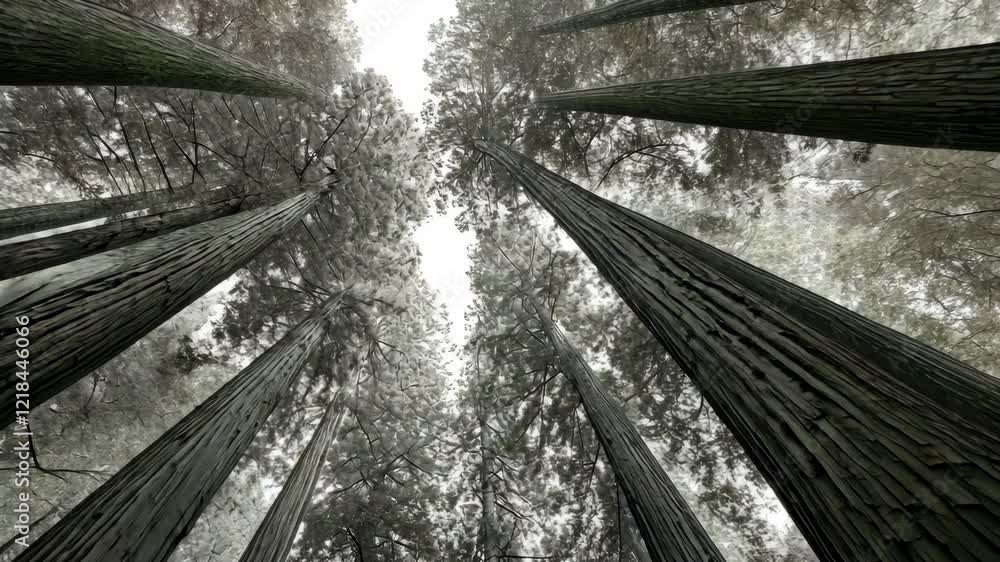 Majestic redwood trees reaching towards the sky in a serene forest setting on a peaceful day Majestic redwood trees reaching towards the sky in a serene forest setting on a peaceful day