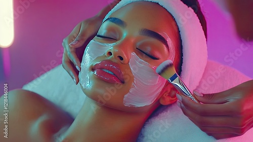 beautiful woman is lying down with her eyes closed and wearing white towel on head, getting facial treatment in beauty salon while professional cosmetic worker applying face mask by brush. 