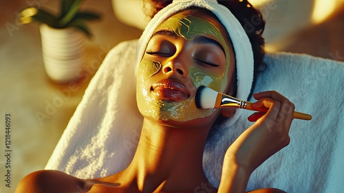 beautiful black woman receiving a facial treatment in a spa, with a towel on her head