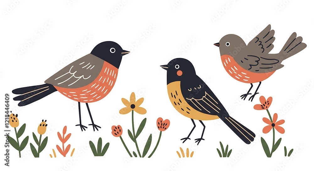 Fototapeta premium Vector illustration in simple hand drawn naive and linocut style - natural print, poster or logo design template - spring illustration - birds