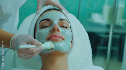 A woman is getting a facial treatment at a beauty salon. The woman is wearing a facial mask and applying cream on her cheeks with her hands. She has a white towel around her head, creating a spa-like 