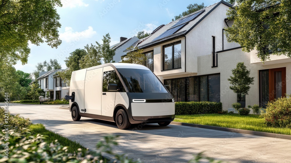 Modern Electric Delivery Van on a Residential Street Surrounded by Stylish Houses with Green Trees Under Clear Blue Skies in a Bright Daylight Setting Modern Electric Delivery Van on a Residential Street Surrounded by Stylish Houses with Green Trees Under Clear Blue Skies in a Bright Daylight Setting