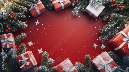 Merry Christmas! Festive Red Background with Gifts and Snow photo