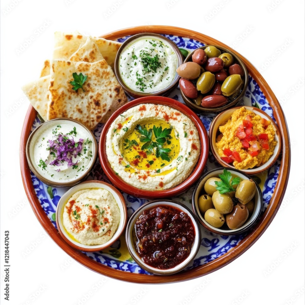 A colorful Greek mezze platter with hummus and olives, isolated white background, neo-impressionist art style A colorful Greek mezze platter with hummus and olives, isolated white background, neo-impressionist art style