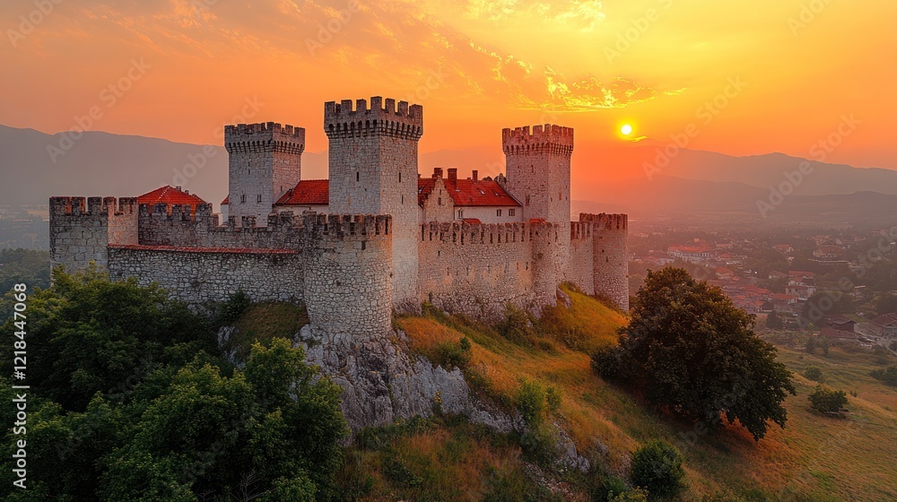 Majestic medieval castle perched atop a hill, bathed in the warm glow of a vibrant sunset. Majestic medieval castle perched atop a hill, bathed in the warm glow of a vibrant sunset.