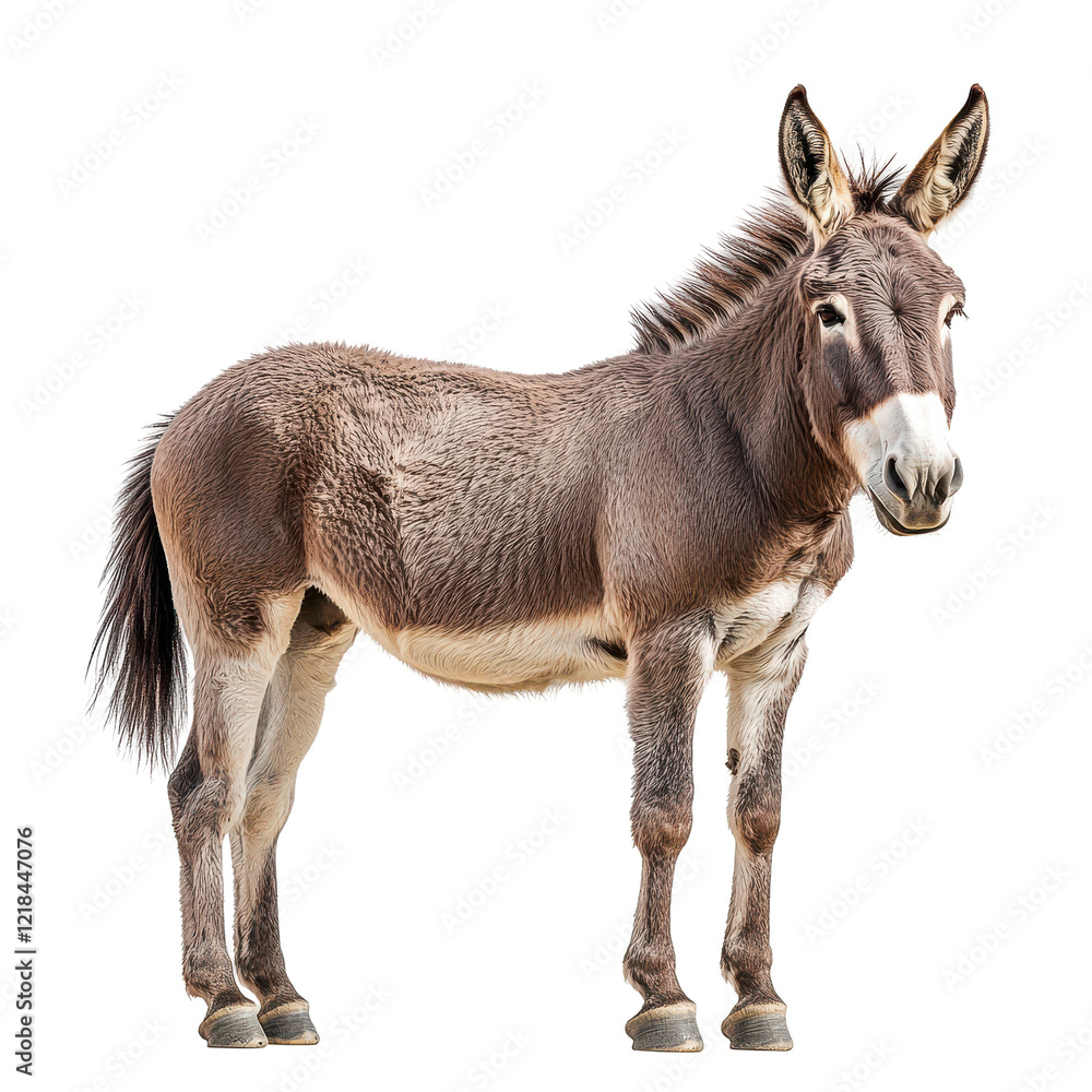 A brown donkey stands against a black background showing its full body A brown donkey stands against a black background showing its full body