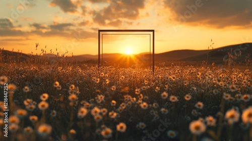 Sunset View Framed by Daisies in a Field
