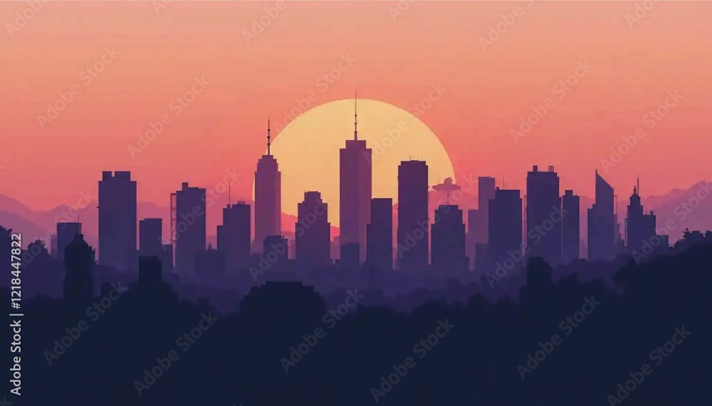 Naklejka premium Flat design city skyline at sunset with silhouetted buildings and a gradient orange-to-purple sky