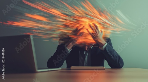 Stressed Businessman with Exploding Brain Concept Representing Overwhelm and Mental Exhaustion in Office photo