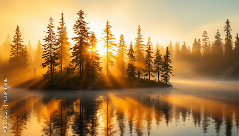 Sunrise Serenity: Misty Lake with Silhouetted Pine Trees Sunrise Serenity: Misty Lake with Silhouetted Pine Trees