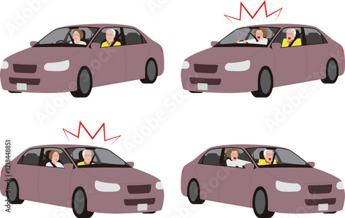 乗用車を運転するシニア高齢女性.驚く運転手と助手席の女性.呆然とするイラスト