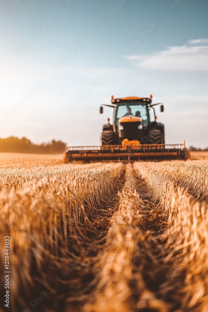 Fototapeta premium Tractor working on golden wheat field during sunset, agricultural machinery in action, farming landscape with rows of crops and clear sky in background.