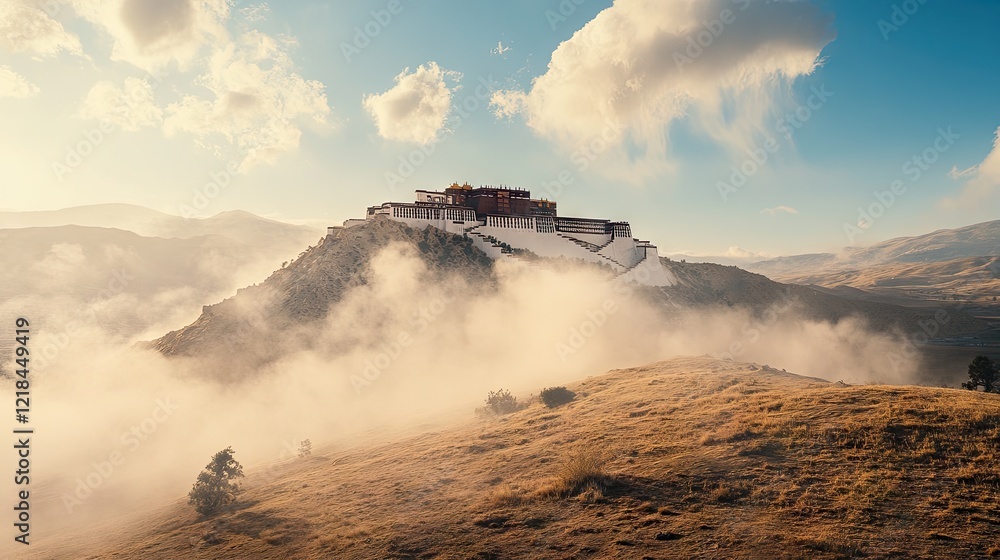 Fototapeta premium Majestic mountaintop palace,Tibet, sunrise mist, peaceful landscape, travel poster