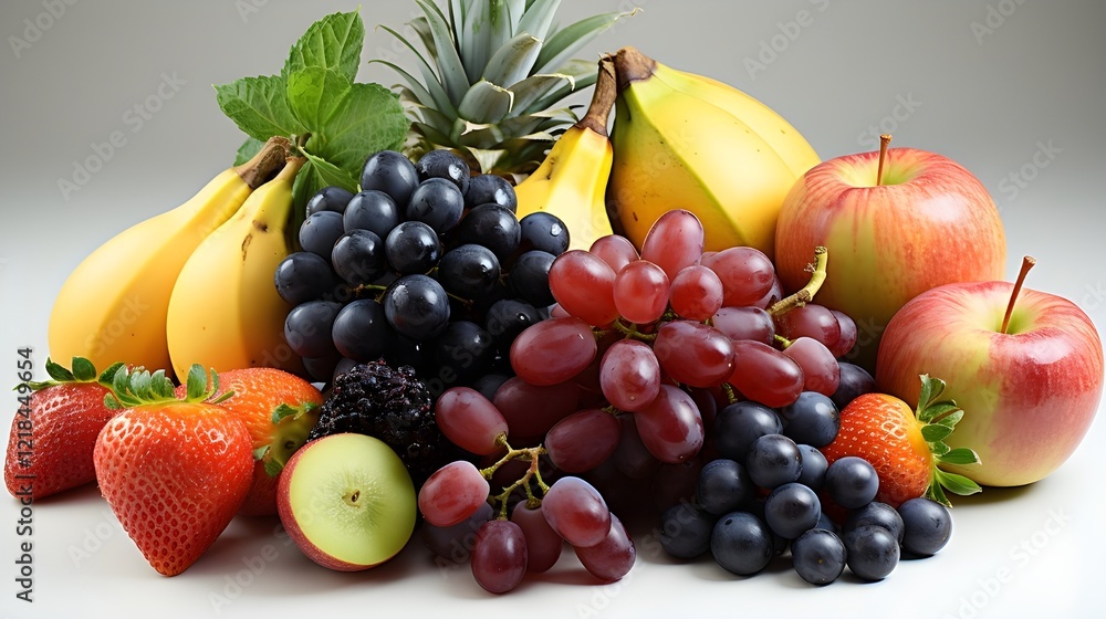 An assortment of fresh, ripe fruits such as grapes, peaches, and pineapples, arranged naturally on a white background, captured in ultra-realistic HD clarity, An assortment of fresh, ripe fruits such as grapes, peaches, and pineapples, arranged naturally on a white background, captured in ultra-realistic HD clarity,