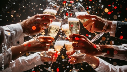 Happy friends christmas party celebration on a black background, with confetti flying.