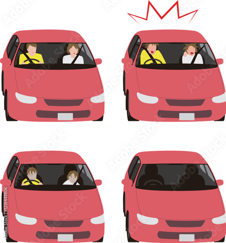 乗用車を運転する人.驚く運転手と助手席の女性.呆然とする人のイラスト