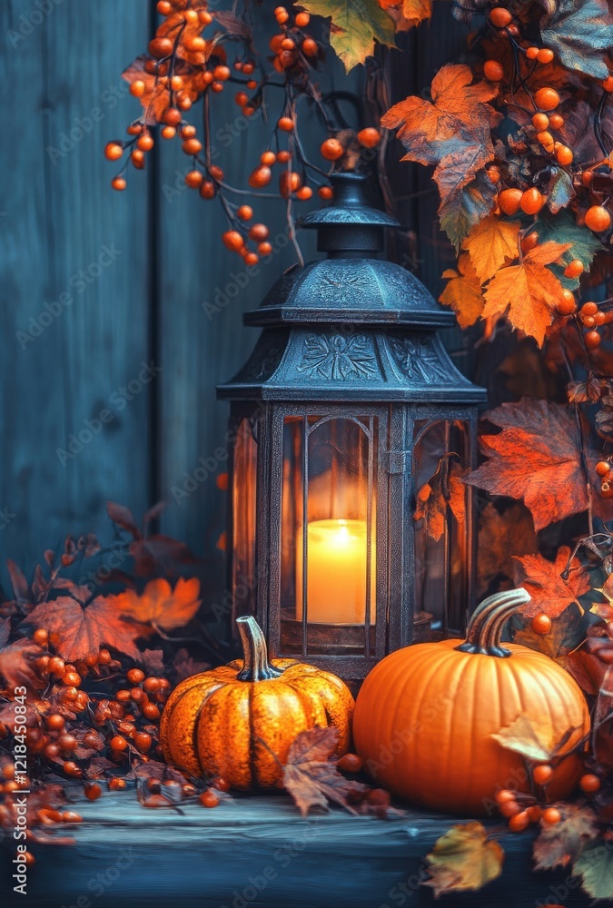 Obraz premium Autumn Lantern and Pumpkins Surrounded by Vibrant Fall Leaves and Berries, Creating a Cozy Seasonal Atmosphere for Celebrations and Harvest Festivals