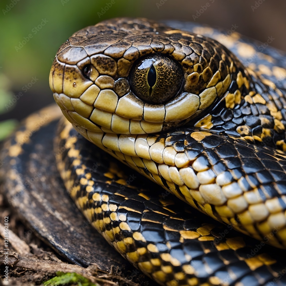 King Cobra Slithering Through Lush Rainforest Underbrush with Dappled Sunlight Filtering Through King Cobra Slithering Through Lush Rainforest Underbrush with Dappled Sunlight Filtering Through