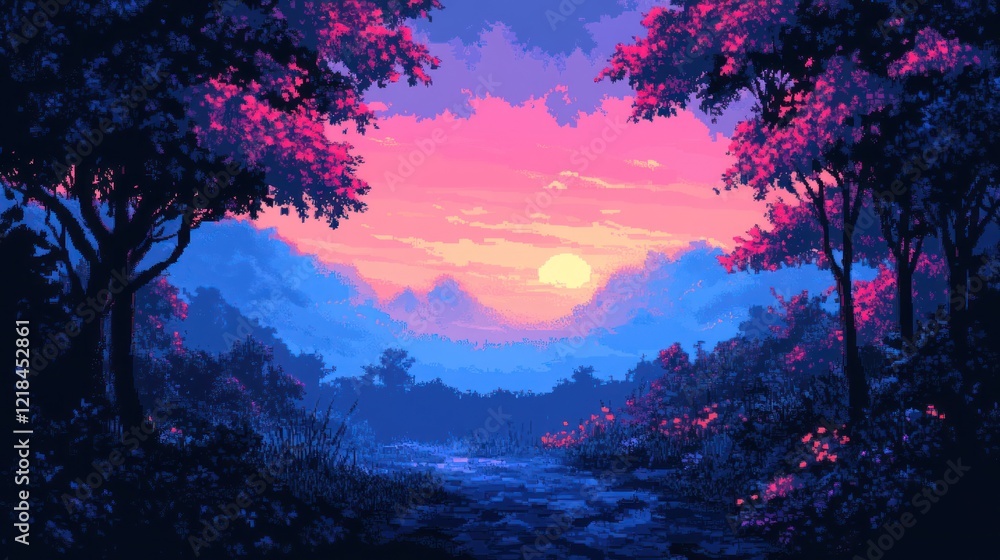Naklejka premium Pixel art sunset in a mystical forest.