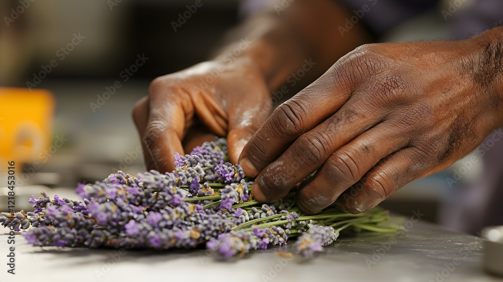 Close-up of hands arranging freshly picked lavender into a small bundle, their movements slow and deliberate. Close-up of hands arranging freshly picked lavender into a small bundle, their movements slow and deliberate.