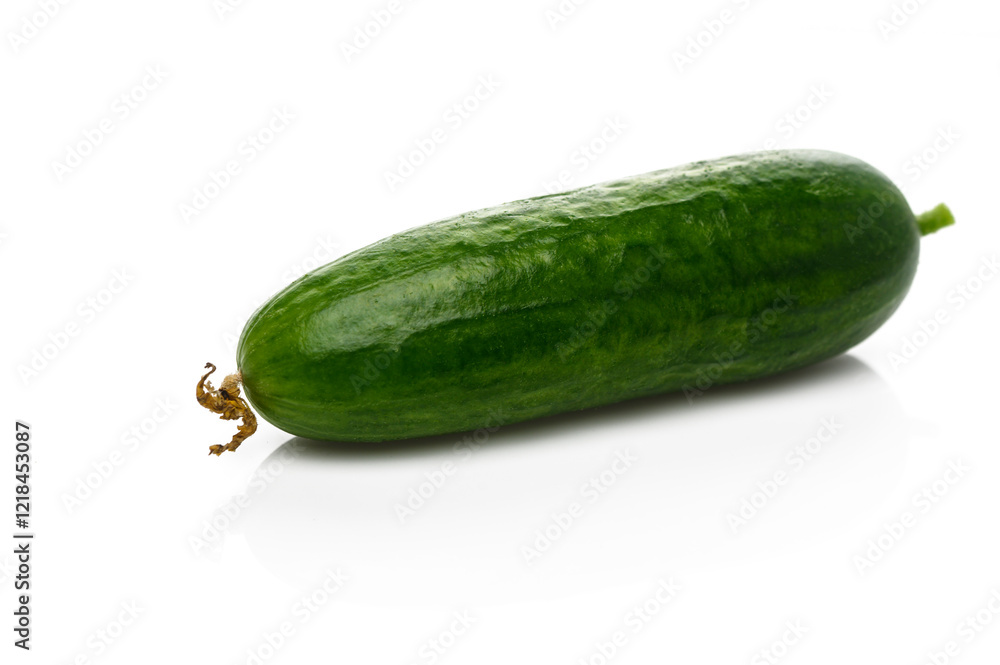 Vibrant cucumber resting on a clean white surface illuminated by soft light in a kitchen setting Vibrant cucumber resting on a clean white surface illuminated by soft light in a kitchen setting