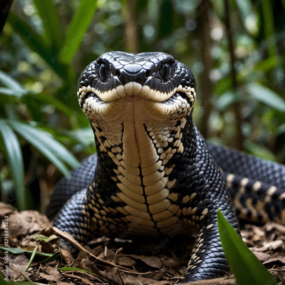 Fototapeta premium Lycodon Snake Blending Into Fallen Leaves and Twigs with Natural Camouflage