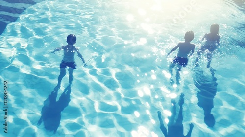 Three children playing in a sunny swimming pool.