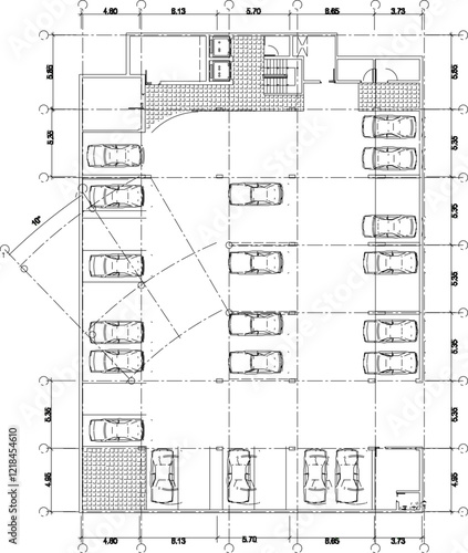 Vector illustration silhouette sketch of interior plan design of basement parking of modern multi-storey apartment hotel building in big city