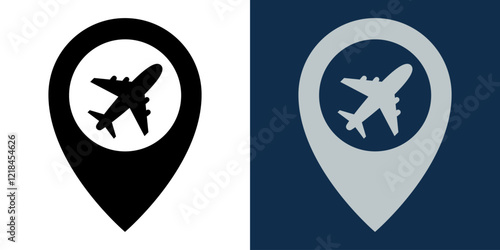 Point location with plane silhouette inside. Pointer of the airport location map. Icon for design of air travel, travelling, navigation or transport. Aviation transport and travel planning.