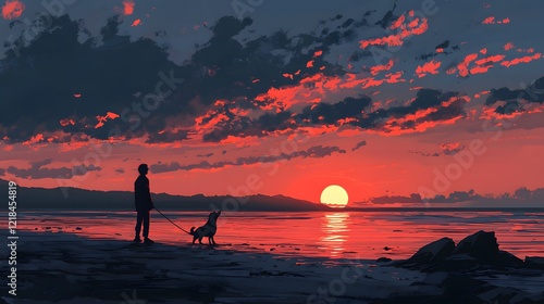 A person playing fetch with their dog on a quiet beach at sunset