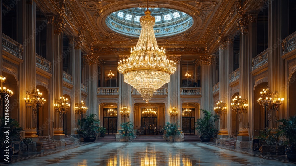 Obraz premium Grand opulent palace interior with massive crystal chandelier, marble floor, and gold detailing.