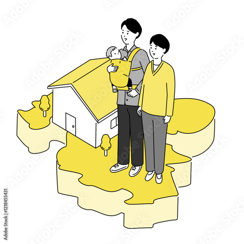 大分県の地図と若い家族・家のイラスト、ベクター