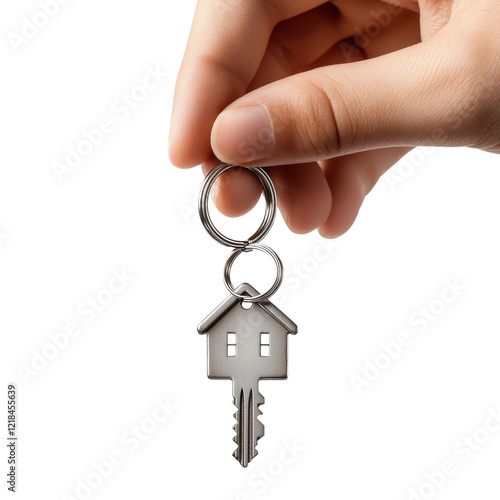 Hand Holding Key with House Shaped Keychain Isolated on transparent background