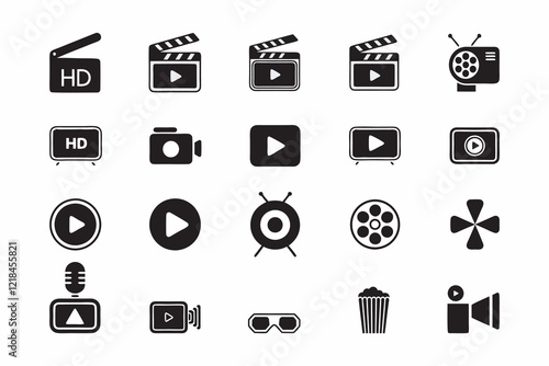 Collection of Black and White Film and Video Icons. Movie Icons collection. Clapper board icon set. Contains such icon as film, Video icons, Collection film, TV sign. Vector illustration.