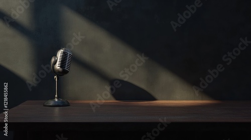 Vintage microphone on wooden table in sunlit room.