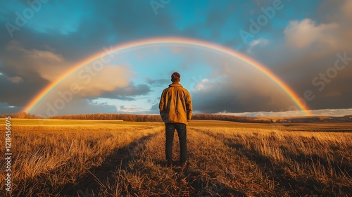 A man admiring a vivid double rainbow over a quiet countryside, his expression one of wonder and gratitude