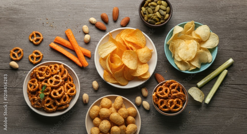Fototapeta premium Assorted snacks including pretzels, chips, nuts, and vegetables on wooden surface