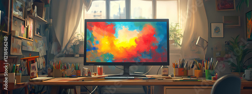 artist workspace, massive screen, vibrant colors, neatly arranged art tools, golden sunlight, warm glow, inspiring setting, immersive environment, ultra-detailed, generative ai, ki, room, interior, fr