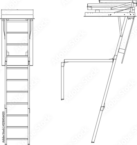 vector illustration design image of folding aluminum iron stairs to climb to the top floor of the house 