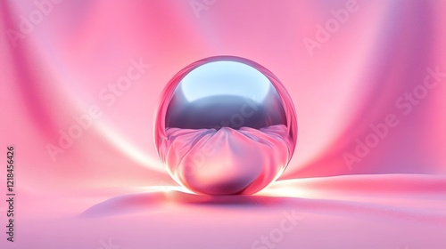 Pink silk drapes a reflective metallic orb