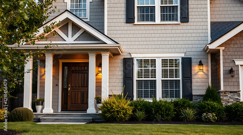 Dream House Exterior: Elegant Home Design at Dusk.  The perfect blend of modern architecture and classic charm, this stunning residence features a welcoming porch and meticulously landscaped exterior.