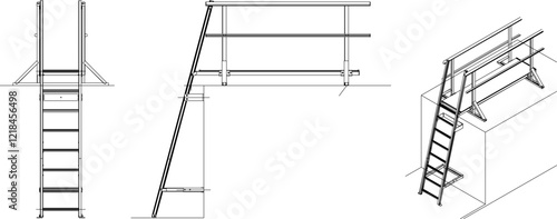 vector illustration design image of folding aluminum iron stairs to climb to the top floor of the house 