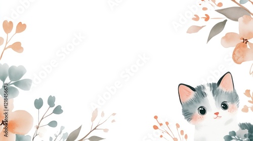 Cute kitten peeking from floral frame.