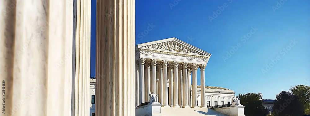 Obraz premium The majestic marble columns of the Supreme Court of the United States, representing justice, authority, and timeless architectural elegance.
