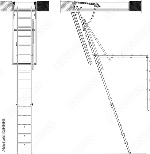 vector illustration design image of folding aluminum iron stairs to climb to the top floor of the house