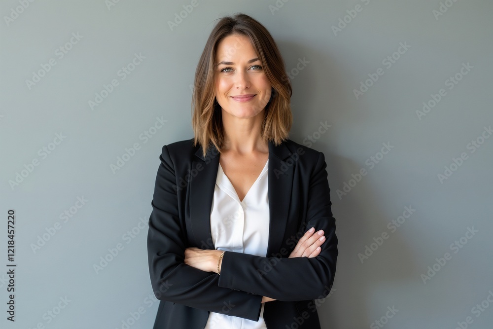 Confidence and charisma. Young business woman in suit looking at camera. Grey background. Confidence and charisma. Young business woman in suit looking at camera. Grey background.