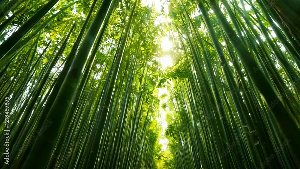 A path through a forest of green bamboo trees